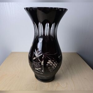 Vintage Dark Ruby Red Cut to Clear Tall Crystal Vase